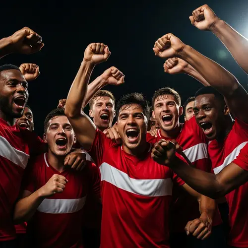 Diverse Football Players Celebrating Goal in Red Jerseys