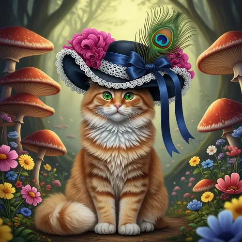 Fluffy Ginger Cat with Vibrant Green Eyes in Peculiar Hat