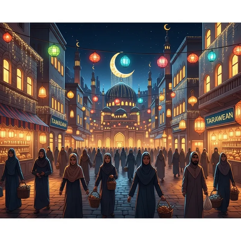 Ramadan Cityscape Adorned with Lanterns and Crescent Moon