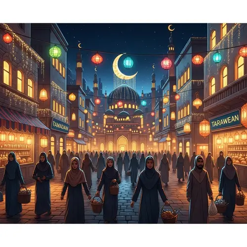 Ramadan Cityscape Decorated with Lanterns and Crescent Moon