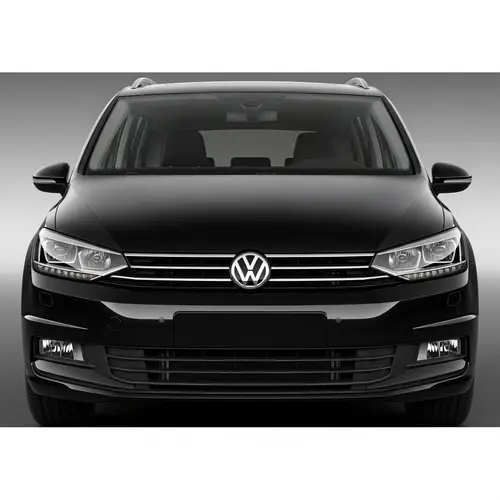 Front View of Volkswagen Touran in Deep Black | VW Emblem & Headlights