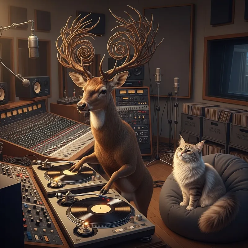 Deer DJ with Intricate Antlers Spinning Retro Turntables