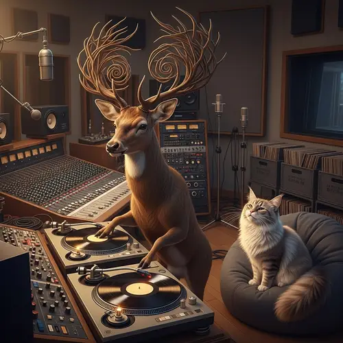 Deer DJ and Cat Having Fun in Recording Studio