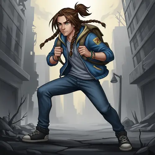 Young Hero in a Dystopian Cartoon Landscape