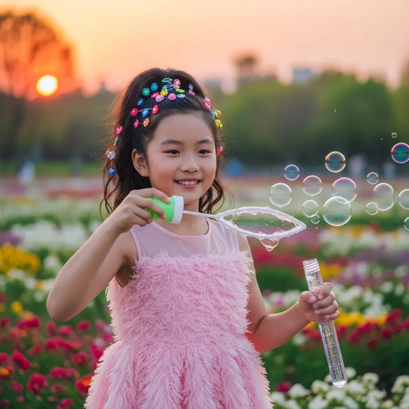 Beautiful Asian Girl Playing with Bubbles in a Park