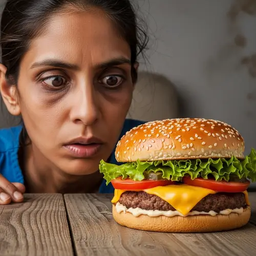South Asian Woman Longingly Eyeing Juicy Hamburger