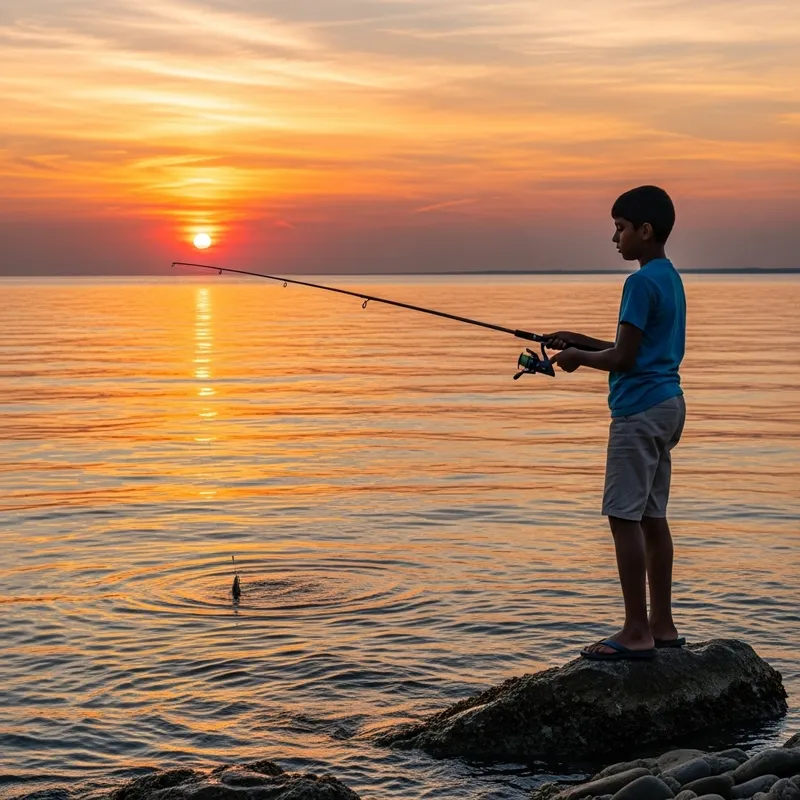 Boy Fishing on Rocks at Sunset | Summer Evening Scene