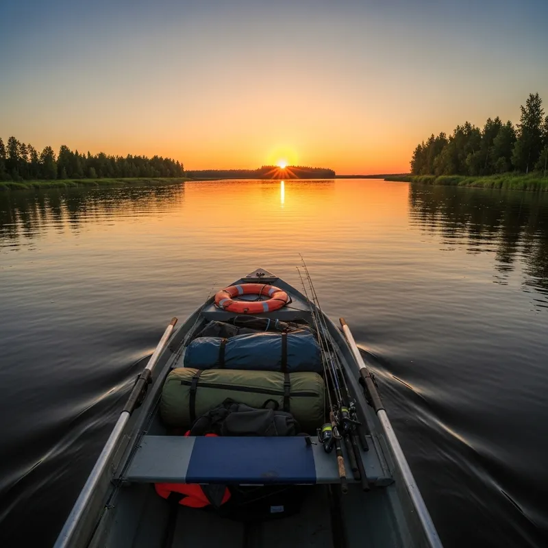 Tranquil River Sunset Adventure - Camping & Fishing Gear in Boat, Golden Hour Serenity