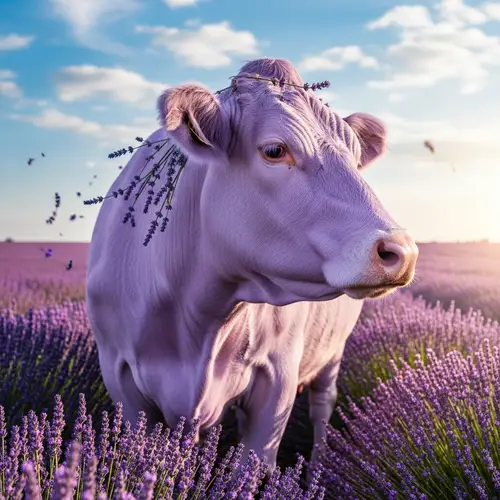 Lavender-Colored Cow with Blooming Flowers