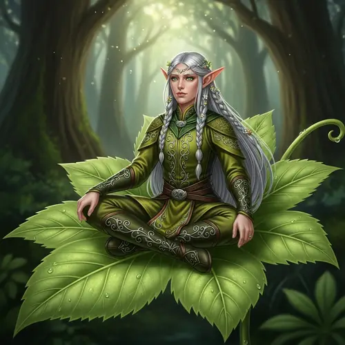 Realistic Elf Sitting on Marijuana Leaf Artwork