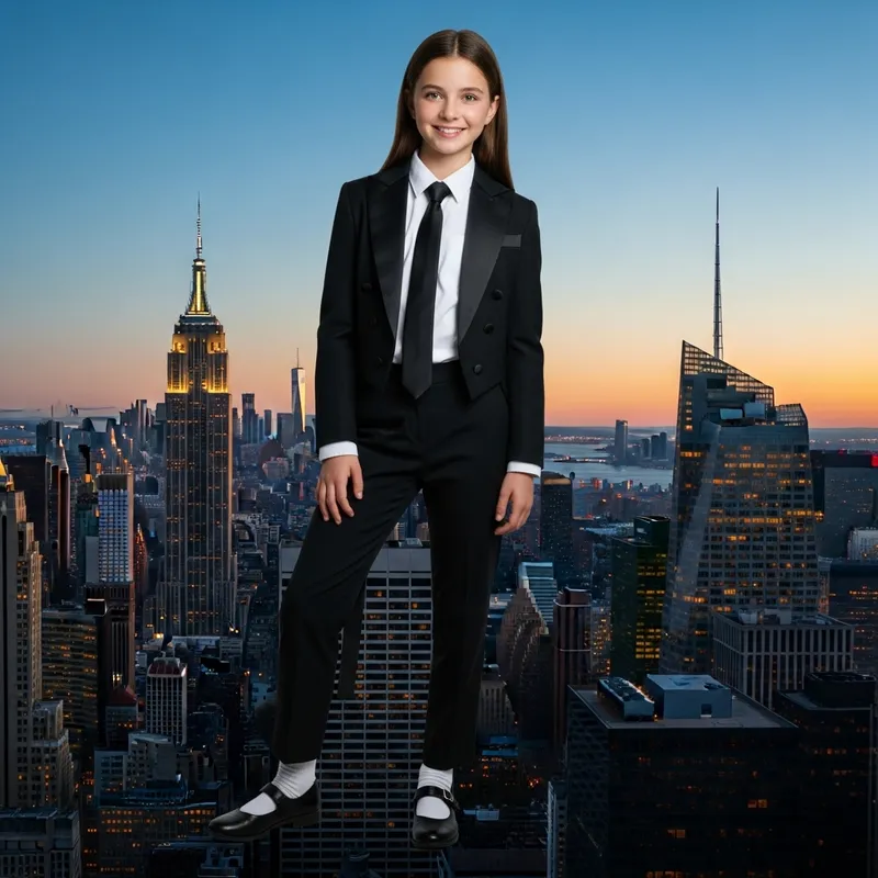 13-Year-Old Girl Smiling in Tuxedo with NYC Backdrop
