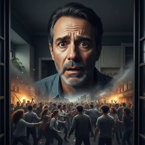 Social Disaster: Shocked Man Observing Chaos