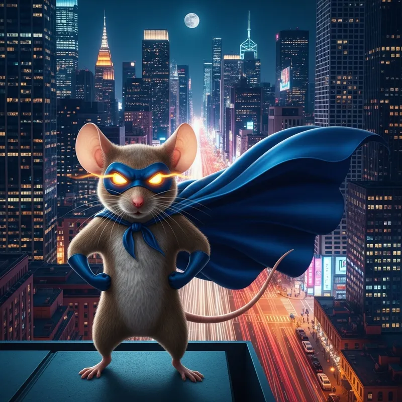 Superhero Mouse in City Skyline - Courageous Pose