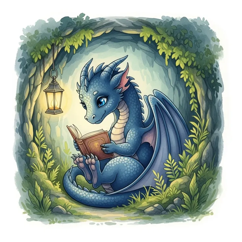 Tranquil Dragon Reading in Lush Cavern | Magical Watercolor Art Tranquil Dragon Reading in Lush Cavern | Magical Watercolor Art