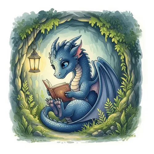 Whimsical Dragon Illustration in Cozy Reading Pose | Enchanted Cavern Art