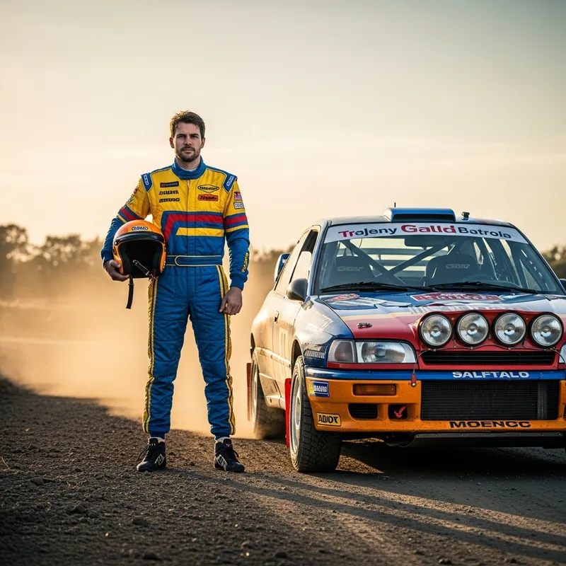 Caucasian Rally Car Driver in Colorful Suit from 90s