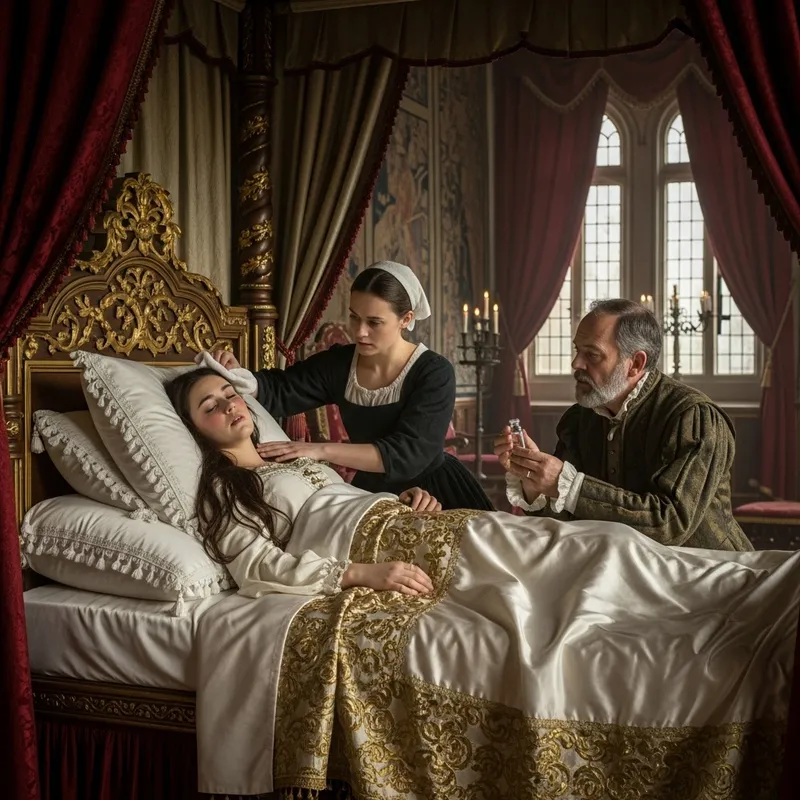 Hoàng hậu bị bệnh | Royal Chamber Scene with Ill Queen on Bed Hoàng hậu bị bệnh | Royal Chamber Scene with Ill Queen on Bed