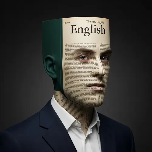 Academic Portrait with Head Made of English Language Book
