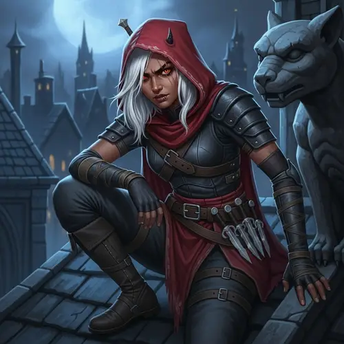 Mysterious Half-Elf Girl: Moonlit Rooftop Fantasy Art