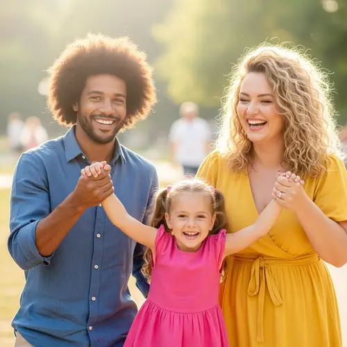 Happy Family Moment: Joyful Light-Skinned Man, Woman, and Daughter Smiling Together
