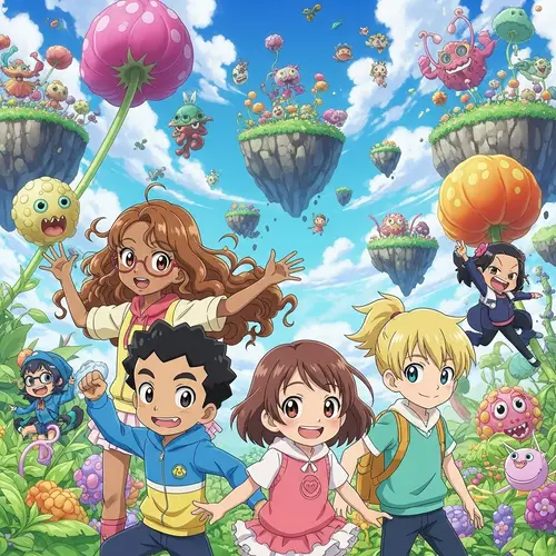 Vibrant Kawaii Anime Characters in Whimsical Setting