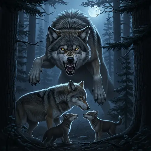 Fierce Wolf Protecting Pups in Moonlit Forest