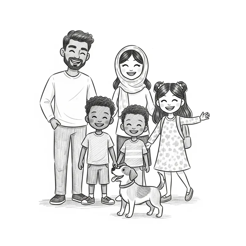 Diverse Stick-Figure Family of Color with Dog - Joyful Scene Diverse Stick-Figure Family of Color with Dog - Joyful Scene