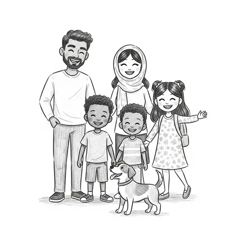 Diverse Family Stick-Figure Drawing with Dog - Joyful Scene