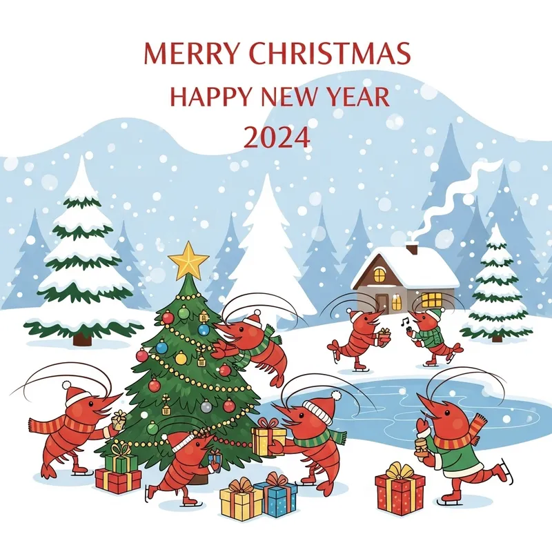 Cute Shrimp Family Celebration on Merry Christmas & Happy New Year 2024 Card
