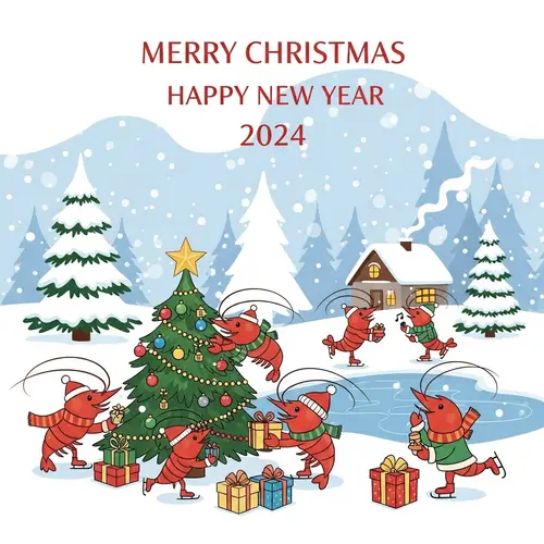 Merry Christmas & Happy New Year 2024 Greeting Card with Cute Shrimp Family