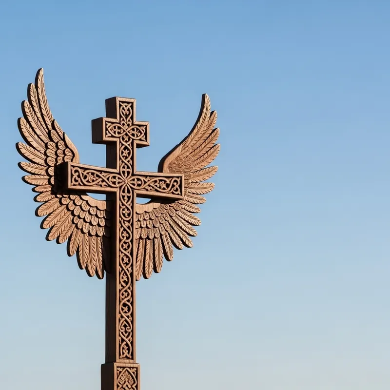 Tranquil Wood Cross with Cherubim Wings Against Blue Sky