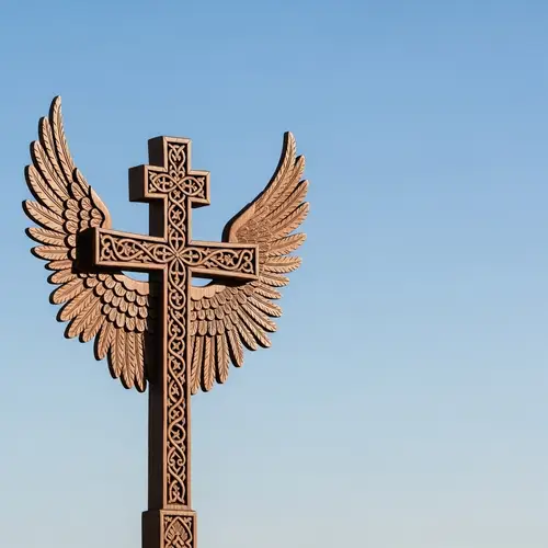 Intricately Carved Wooden Cross with Cherubim Wings