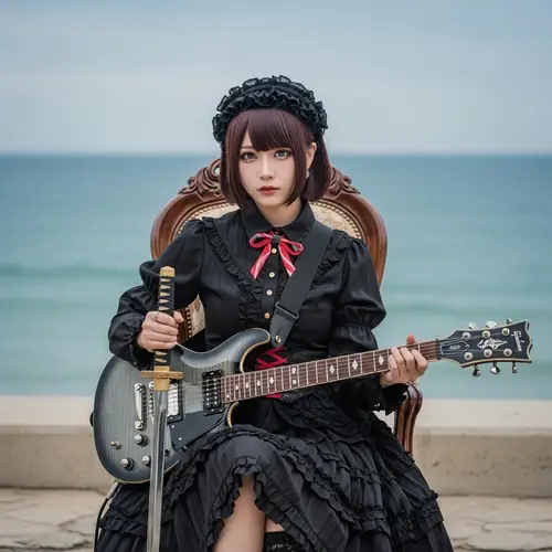 Japanese Woman With Electric Guitar in Luxurious Gothic Lolita Attire