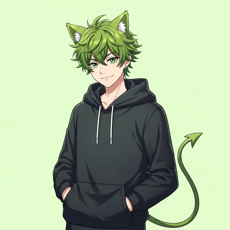 Anime Boy with Kiwi Hair, Cat Ears, and Devil Tail