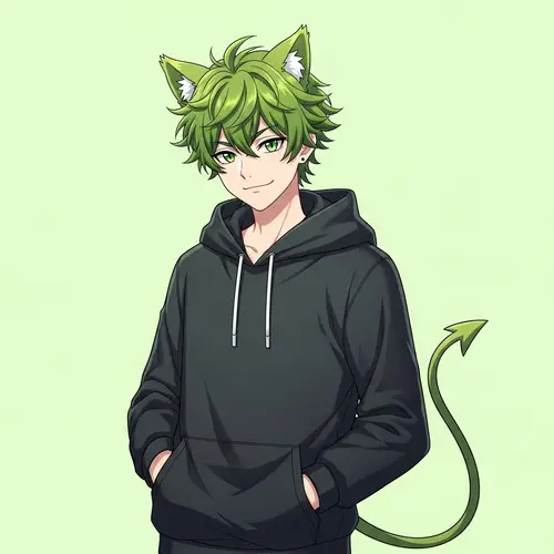 Green-Eyed Anime Boy with Kiwi Hair, Cat Ears, and Devil Tail