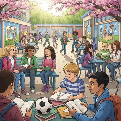 Vibrant School Break Scene with Diverse Students