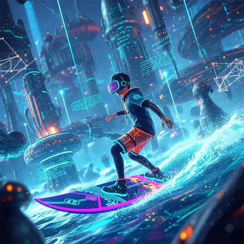 Digital Surfer in Vibrant Metaverse: Neon-Colored Gear & Immersive Environment