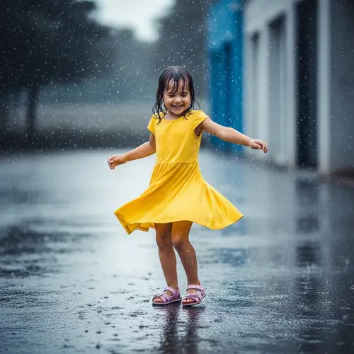Bright Yellow Dress Dancing in Rainy Days - Joyful Hispanic Girl