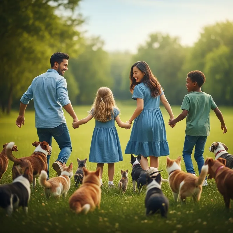 Joyful Multicultural Family Frolicking on Meadow with Pets