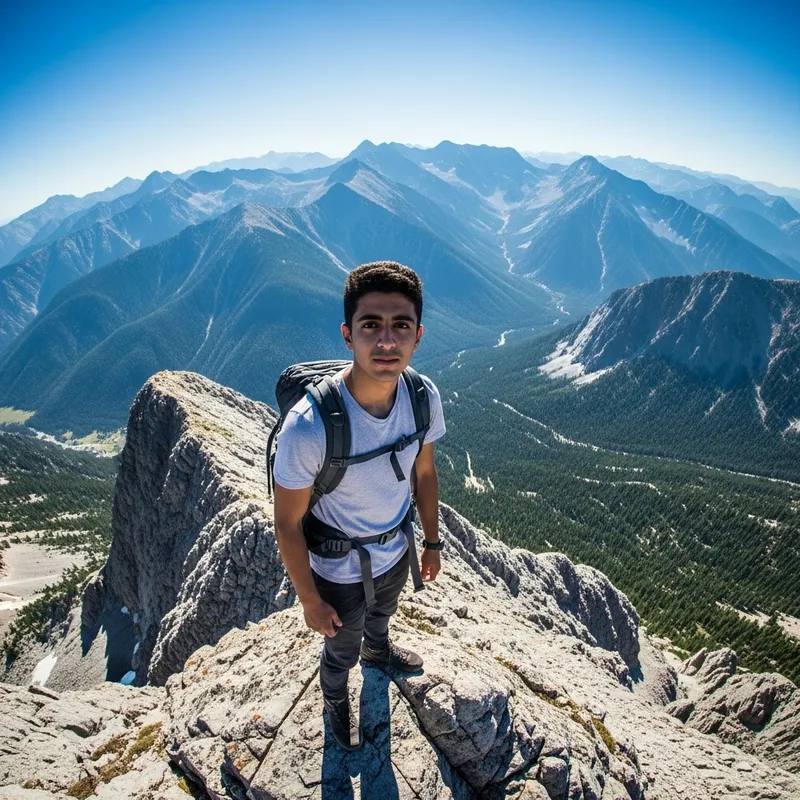Youthful Middle-Eastern Male on Majestic Mountain Peak