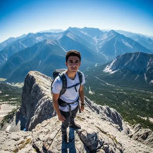 Adventure-Themed Photo: Young Man on Mountain Peak
