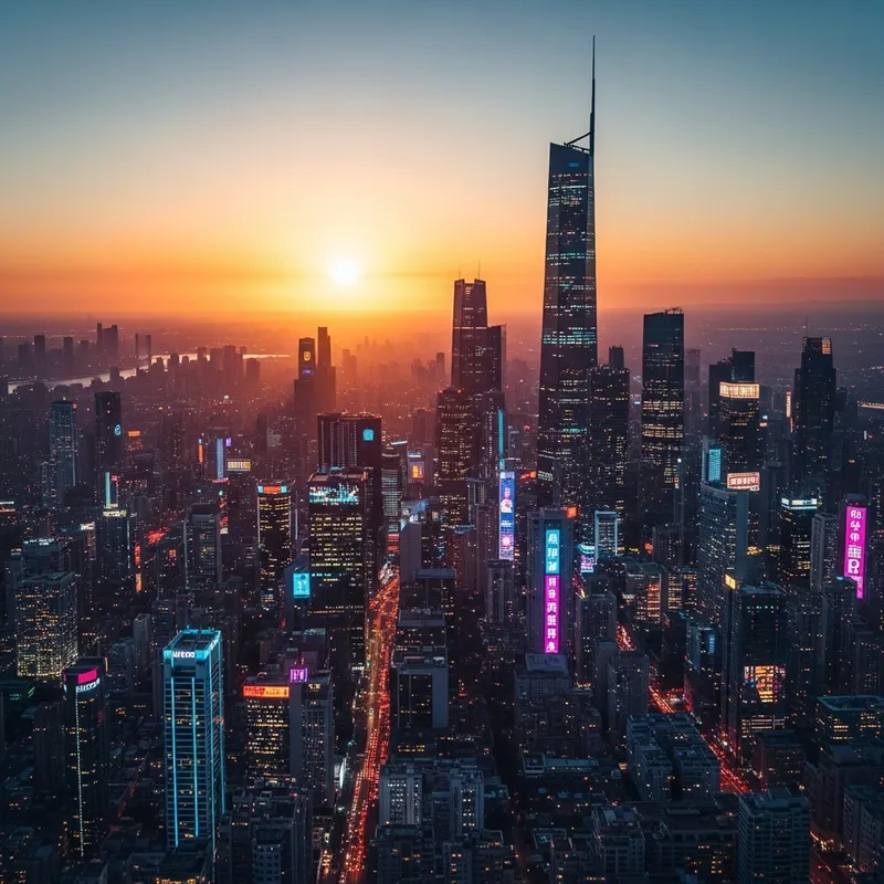 Vibrant Neon Cyberpunk Cityscape at Sunset - Aerial Drone Shot