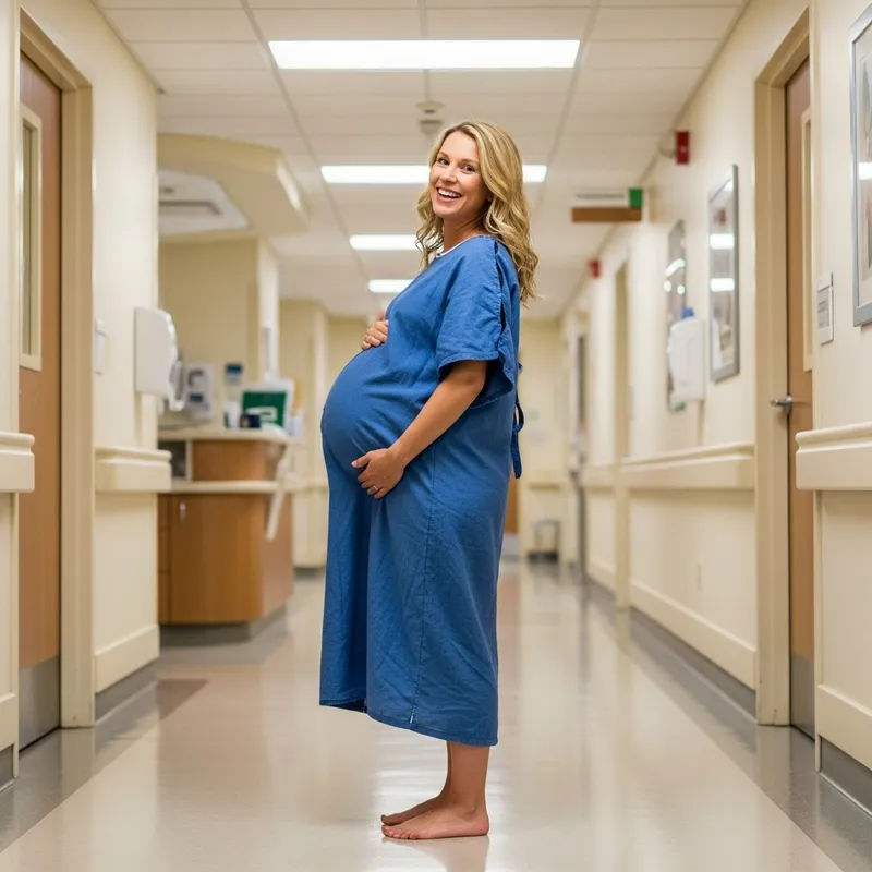 Pregnant Woman Smiling in Hospital | Blue Gown