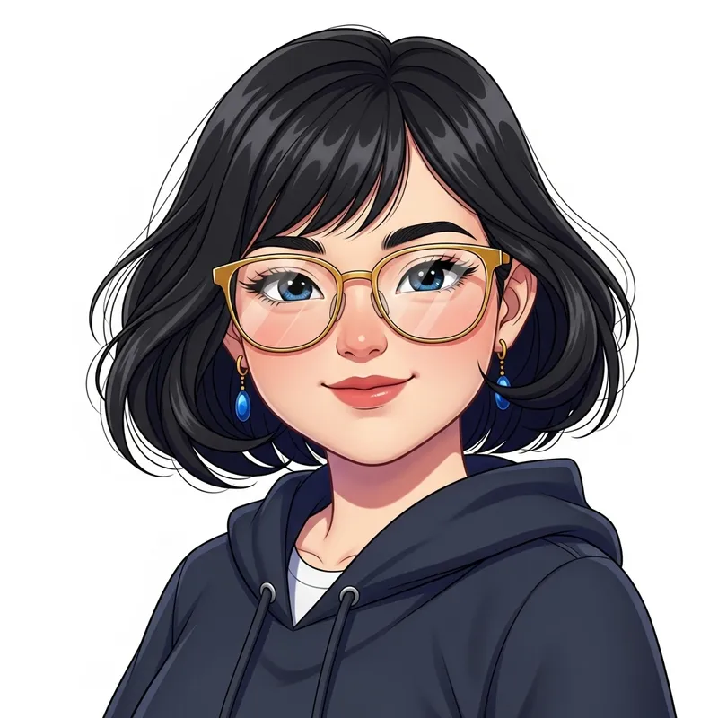 Asian-European Anime Girl with Chubby Cheeks, Short Hair & Gold Eyeglasses Asian-European Anime Girl with Chubby Cheeks, Short Hair & Gold Eyeglasses