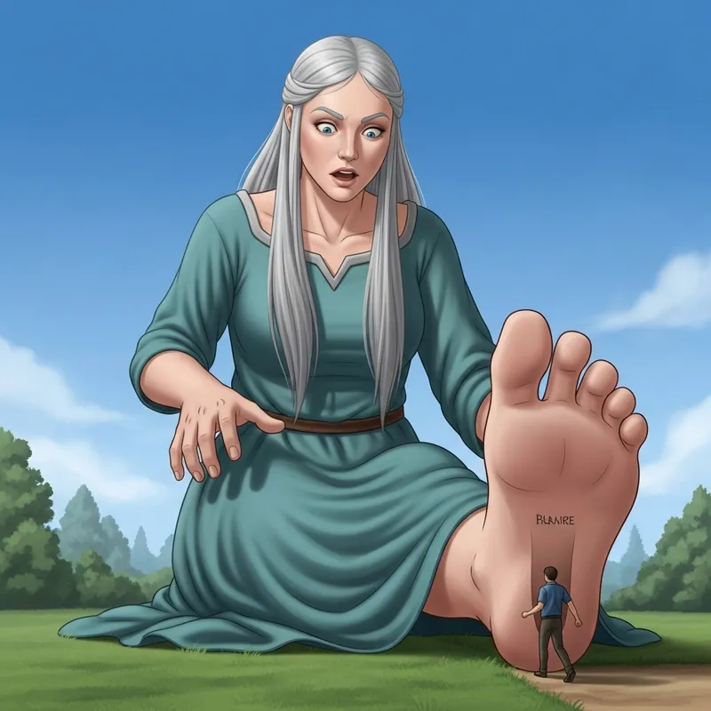 Colossal Norse Giantess and Tiny Human in Surreal Encounter