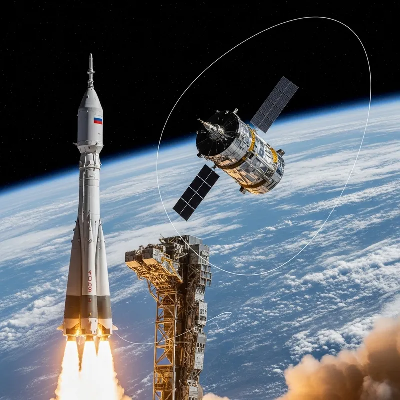 Russian Space Mission: Rocket Launch and Satellite in Earth's Orbit