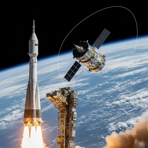 Russian Space Mission: Rocket Launch and Satellite in Earth's Orbit