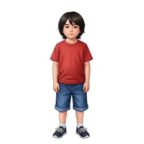 Detailed Illustration of Chinese Boy | 12-Year-Old in Blue Denim Shorts