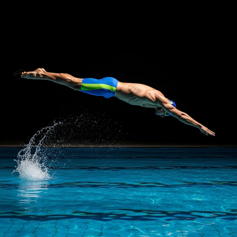 Professional Female Swimmer in Colorful Bathing Suit Diving into Infinite Pool
