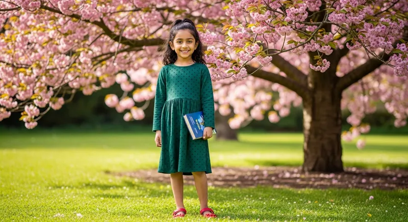 Confident South Asian Girl in Forest Green Dress by Cherry Blossom Tree